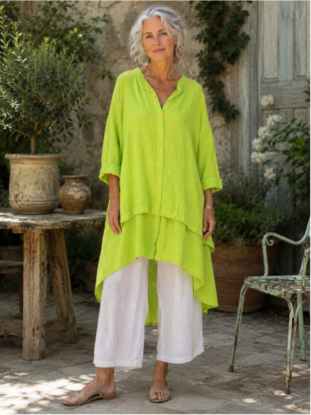 Grizas Linen Dress Women’s XL Coastal High Low Lagenlook Art to Wear Lime Green